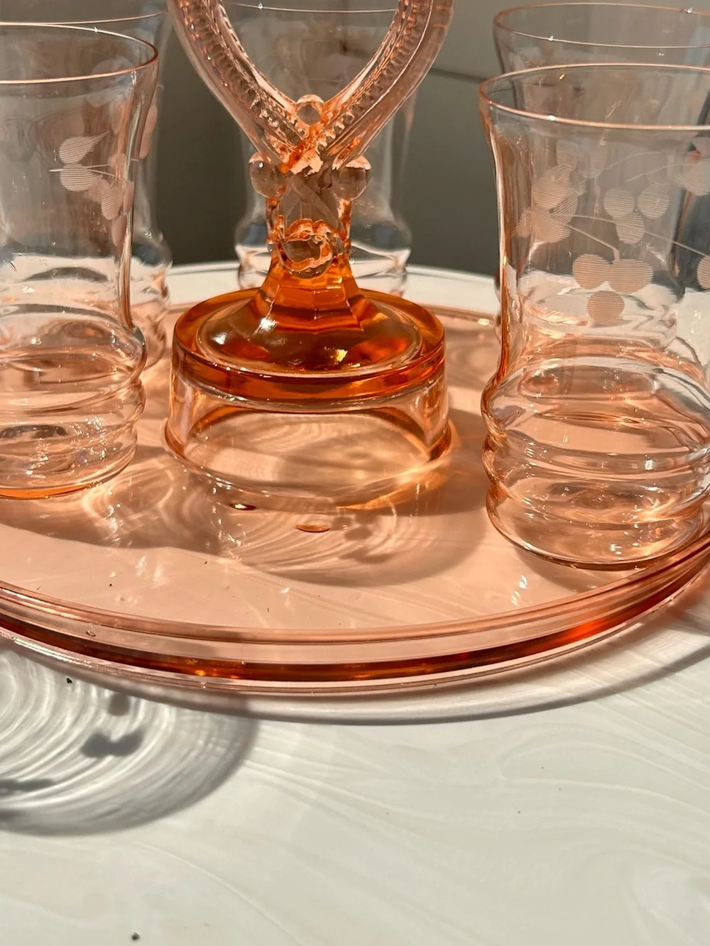 Anchor Hocking Mayfair Bridge Poker tray Tumbler set 1930s pink depression glass